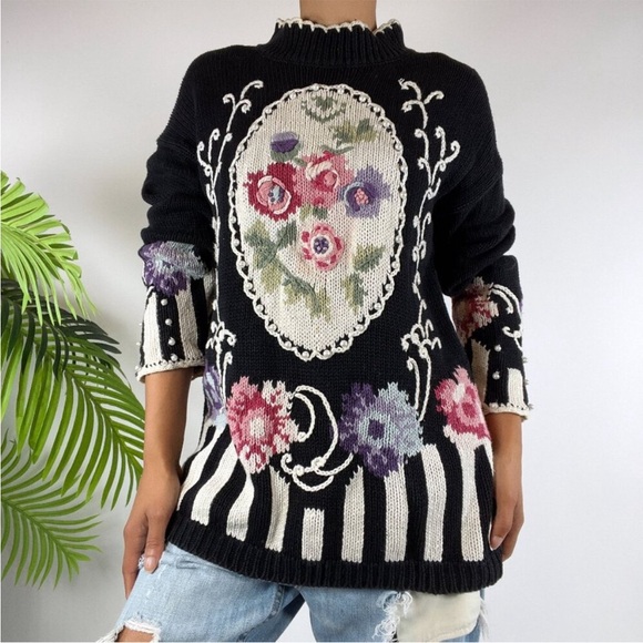 Women's Vintage Boaz Black Cottagecore Floral Oversized Knit Grandma Sweater / L - Picture 3 of 10